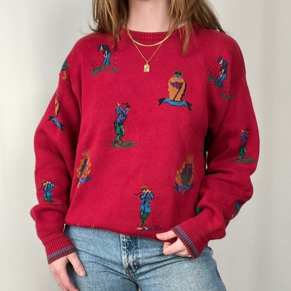 Vintage Luxury Designer Novelty Print Golfer Knit Oversized Crew Sweater Preppy - Picture 1 of 7